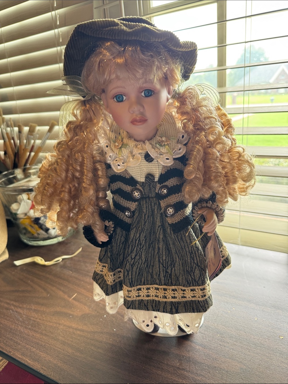 Vintage Porcelain Doll in Green Victorian Dress - Blonde Curly Hair